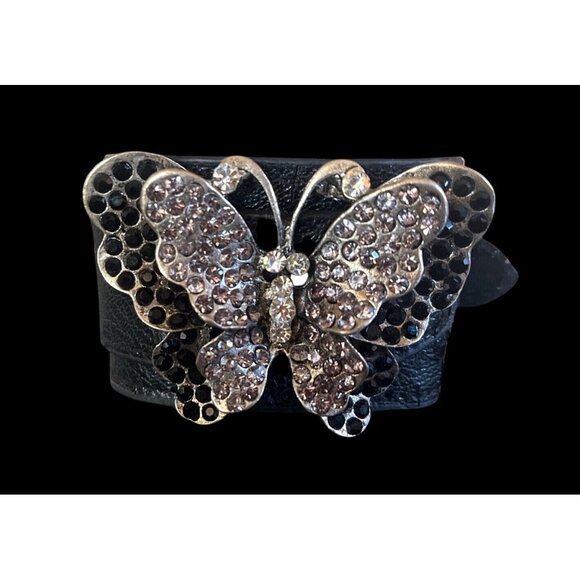 Black Leather Butterfly Bracelet Rhinestones & Adjustable Buckle Closure - Picture 2 of 5